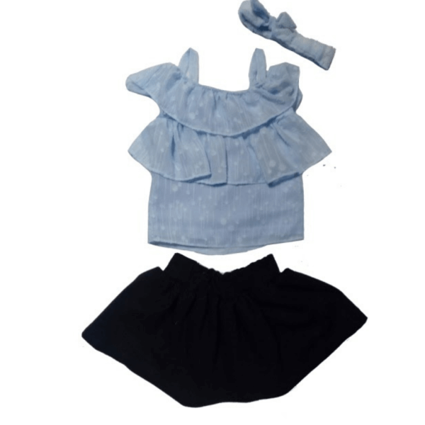Gray Shoulder Strap Blouse And Headband With Black Shorts Set For Girls
